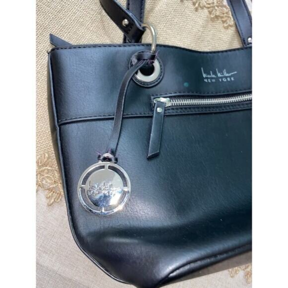 Nicole Miller New York Black W/ Silver Logo Zipper Pockets Top Handles Handbag - Picture 12 of 12